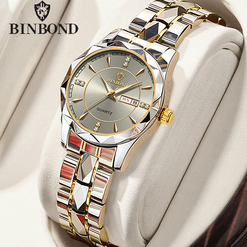 Binbong relógios femininos de luxo moda senhoras relógio quartzo à prova dwaterproof água luminosa data inoxidável relógio de pulso namorada amantes presente