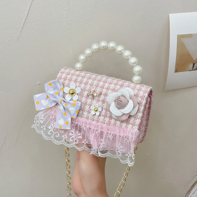 Bolsos pequeños con mango de perla para niños, bolsos de hombro con lazo de flores dulces para niñas, bolso cruzado de encaje de princesa encantadora, accesorios para niños