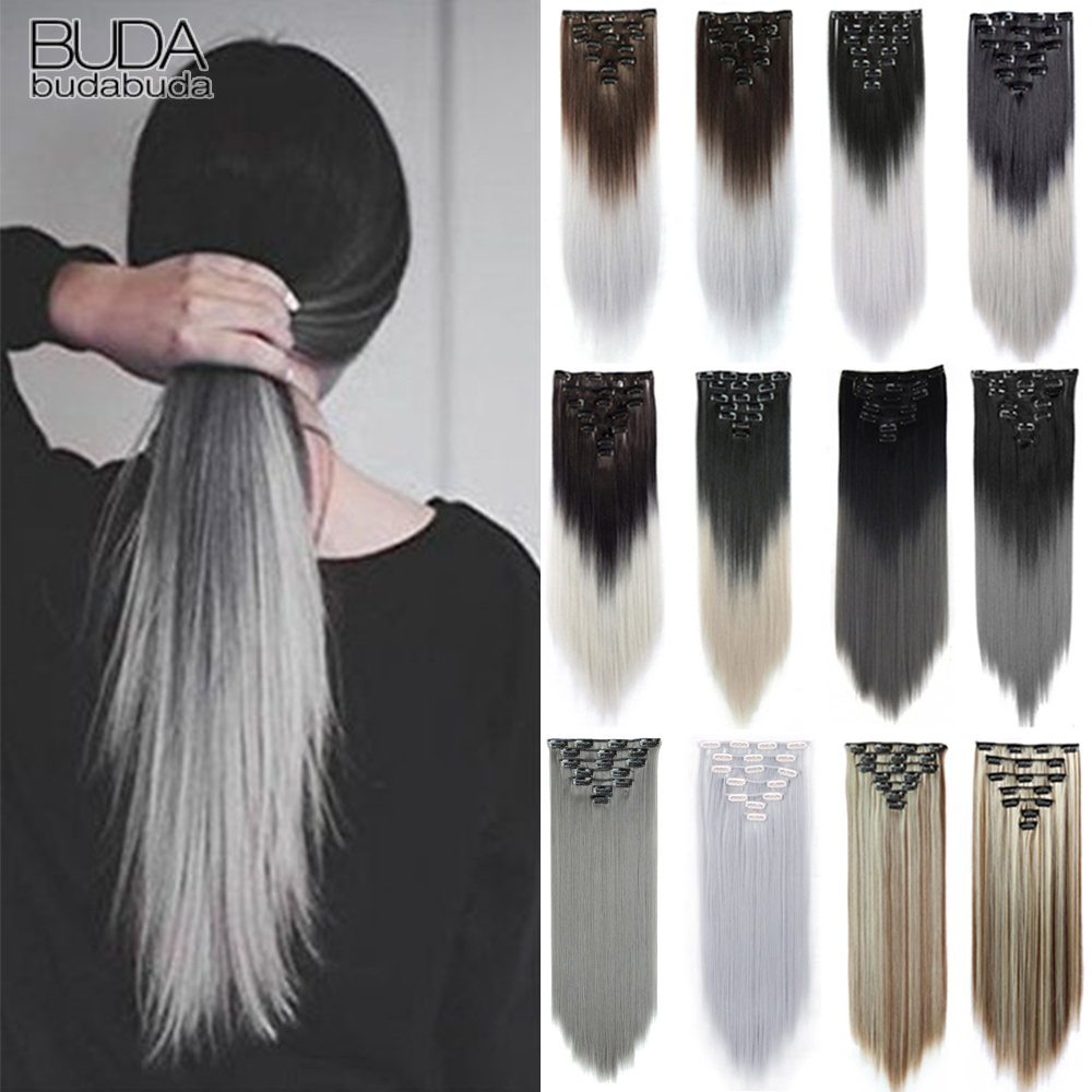 7 pçs/set extensão de cabelo longo e reto 16 clipes alta tempreture 22 polegada sintético grampo em extensões de cabelo vermelho para mulher