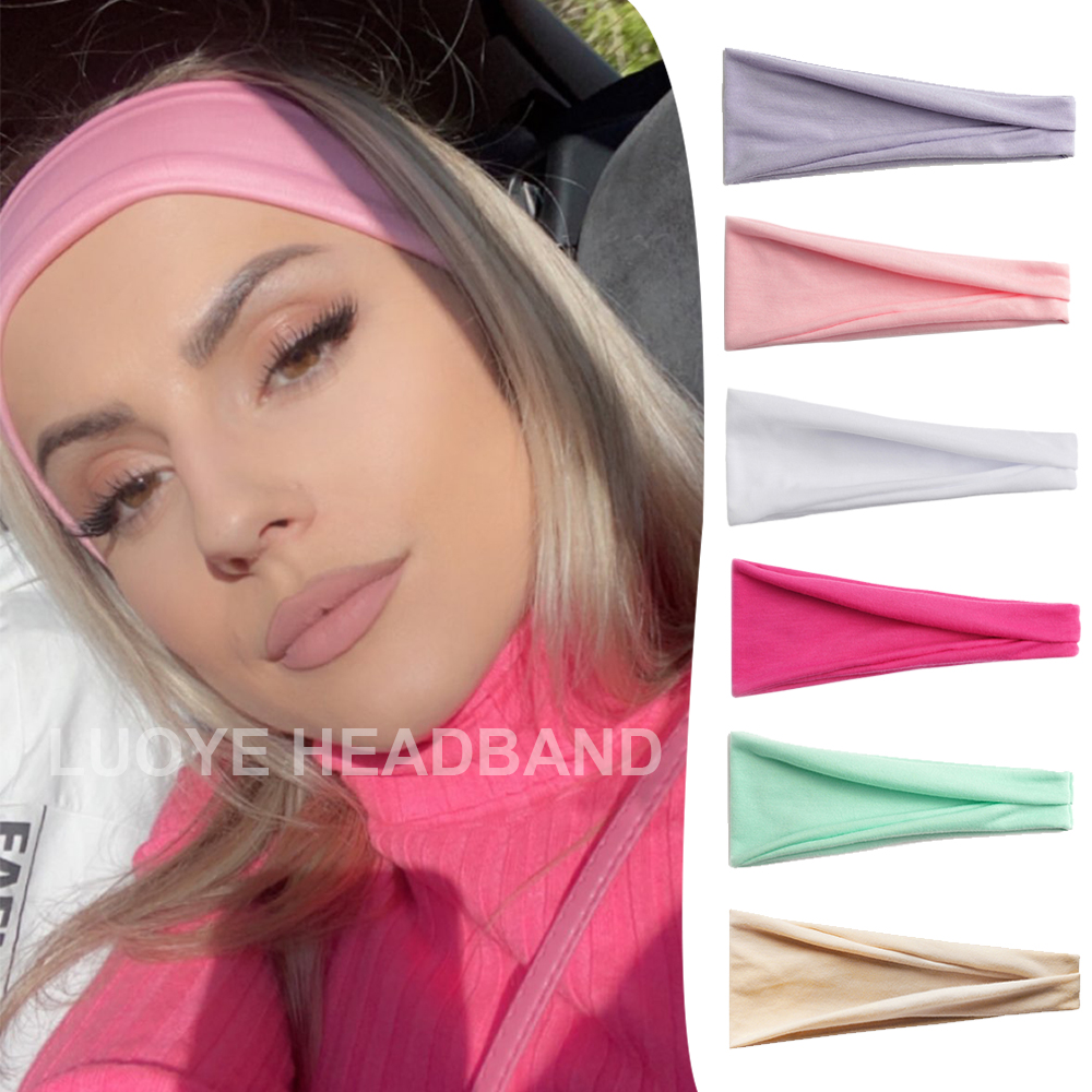 Diadema elástica ancha de Color sólido para mujer, banda para el cabello deportiva de algodón ajustable para Yoga, turbante de moda, aro para el cabello para maquillaje, accesorios para el cabello
