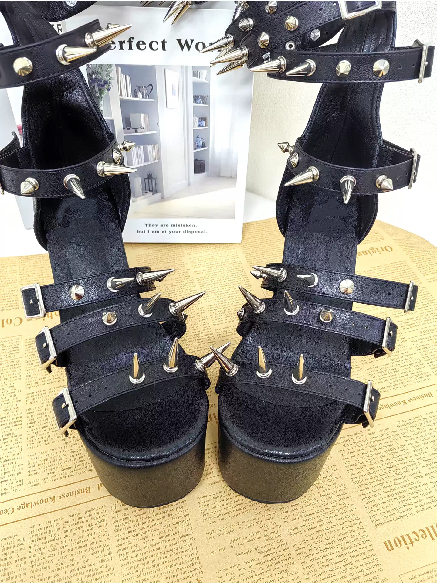 Women Black Spiked Gladiator Knee High Sandals Multi Buckle Straps Platform Block Heel Open Toe Punk Gothic Rock Sandals Boots