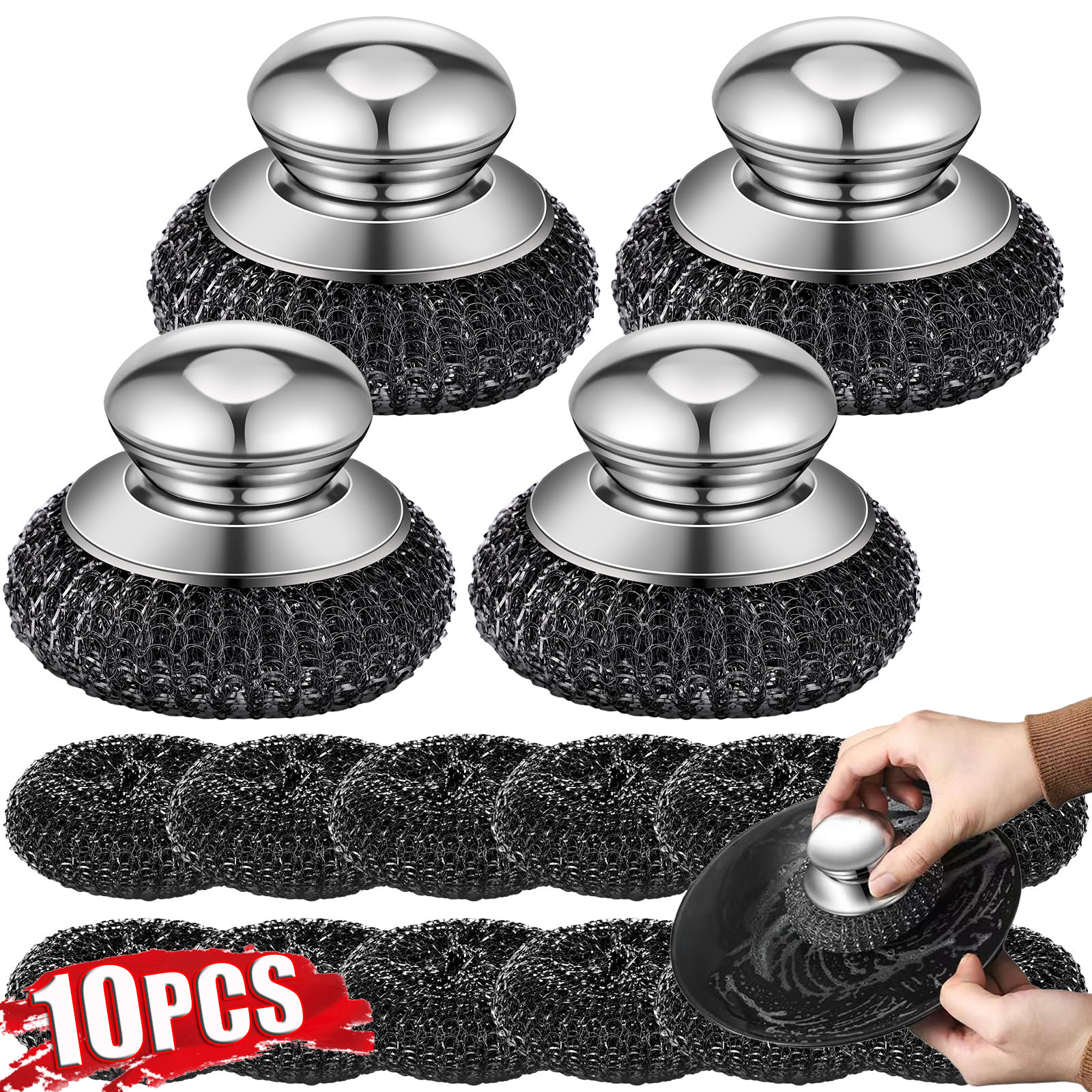 1-10 pièces Brosse à récurer en acier inoxydable avec poignée, éponge métallique robuste pour la vaisselle, outil de nettoyage pour la cuisine domestique
