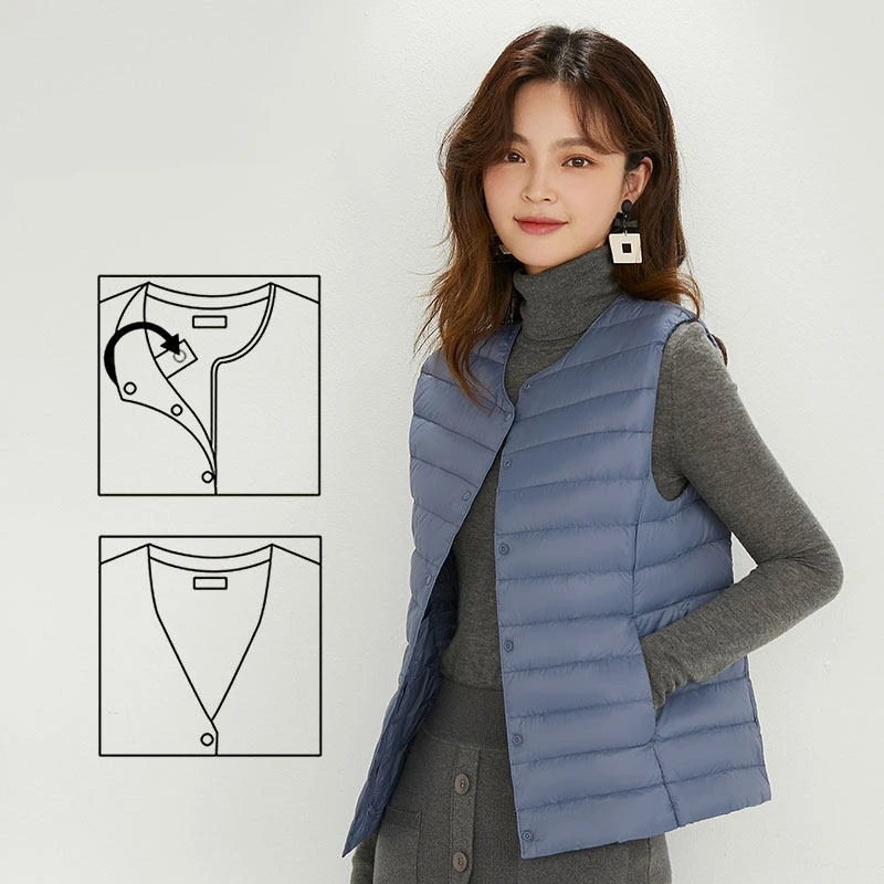 Chaleco sin mangas para mujer, chaquetas con forro de plumón plegable ultraligeras y ajustadas con plumón de pato blanco 90% para mujer
