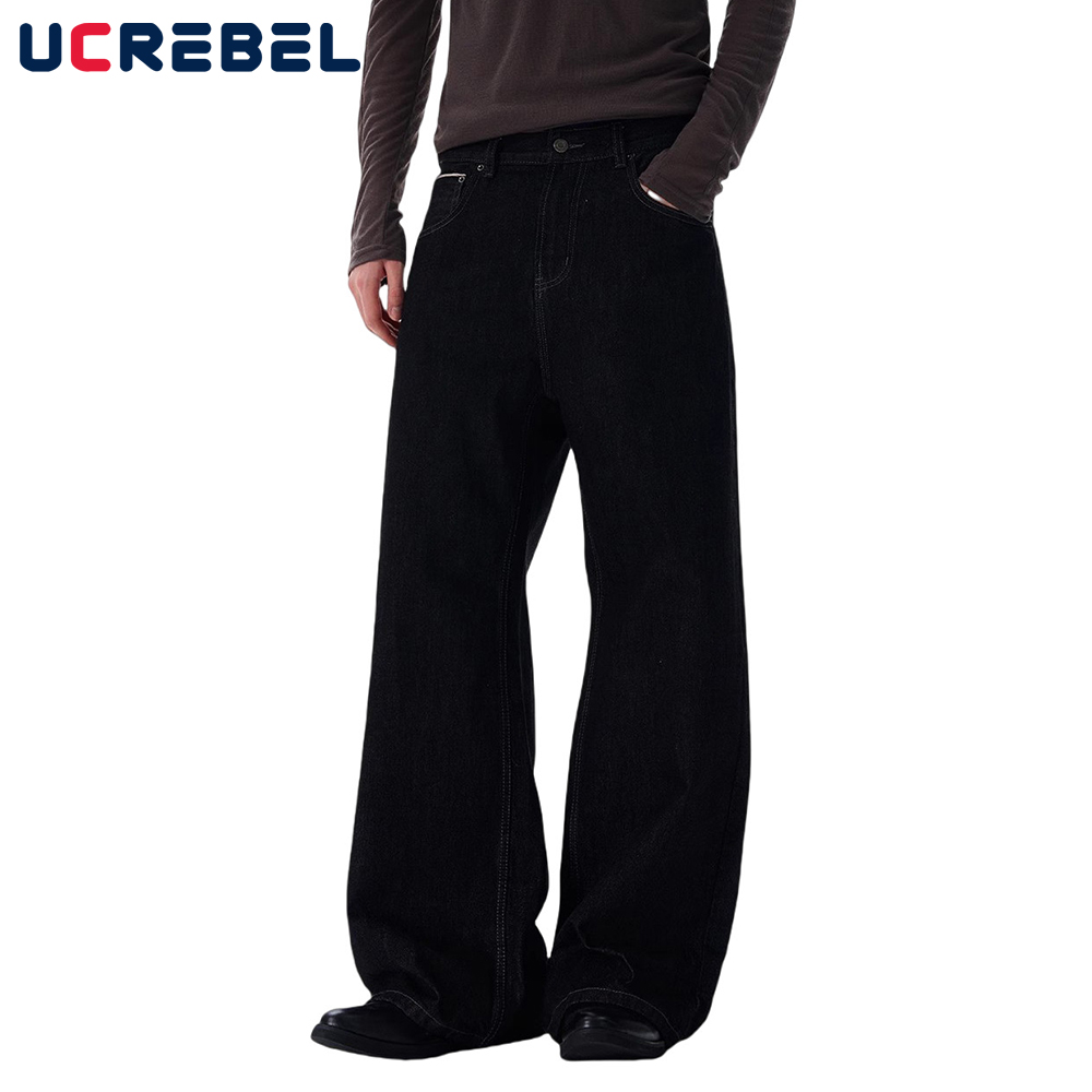 Pocket Raw Denim Broek Heren Effen Kleur Retro High Street Rechte Wijde Pijpen Donkere Jeans Heren