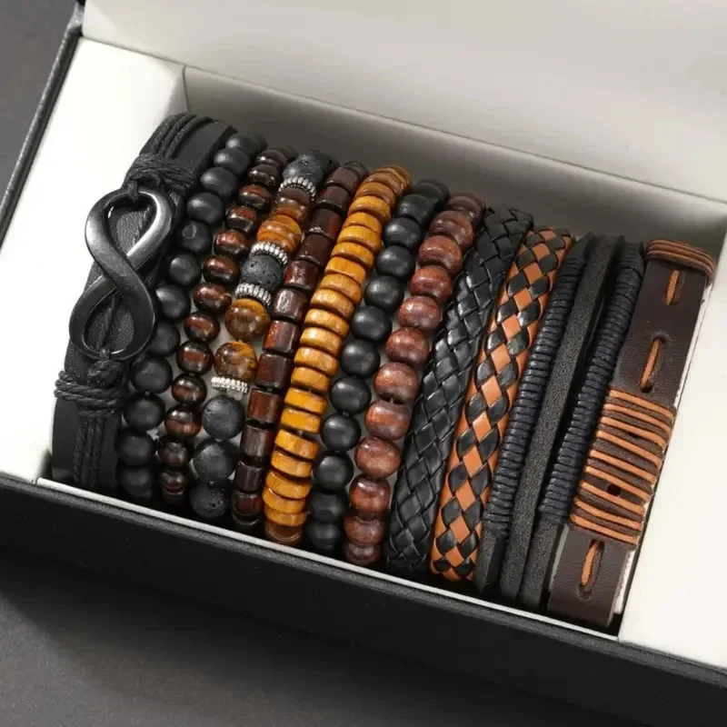 12Pcs Vintage Woven Faux Leather Bracelet Set, Tiger's Eye & Moonstone Beaded Bracelets, Fashion Accessories for Casual Party (B