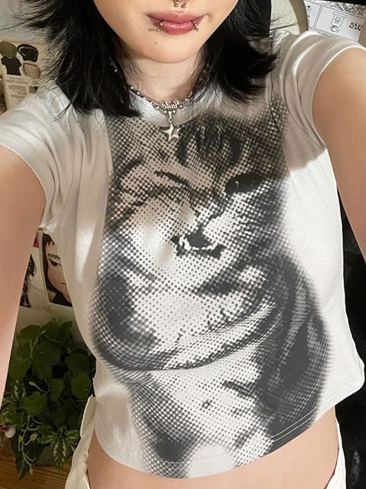 Wildkatzen-Druck, tiefes Pixel, Rundhals-Kurzarm-T-Shirt, Retro, vielseitiges, schlankmachendes kurzes Oberteil