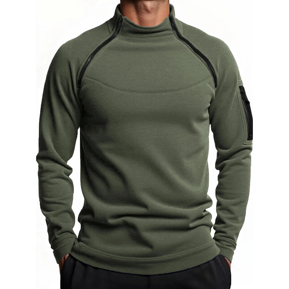 Otoño Invierno sudadera de lana Polar para hombres al aire libre cálido táctico doble cremallera cuello alto Top Casual sudadera de Color sólido