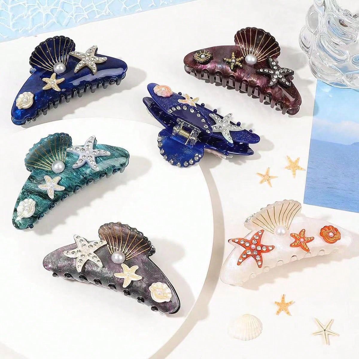 1pc ocean style hair clip with rhinestones and imitation pearls - Bohemian sweet oval hair clip,