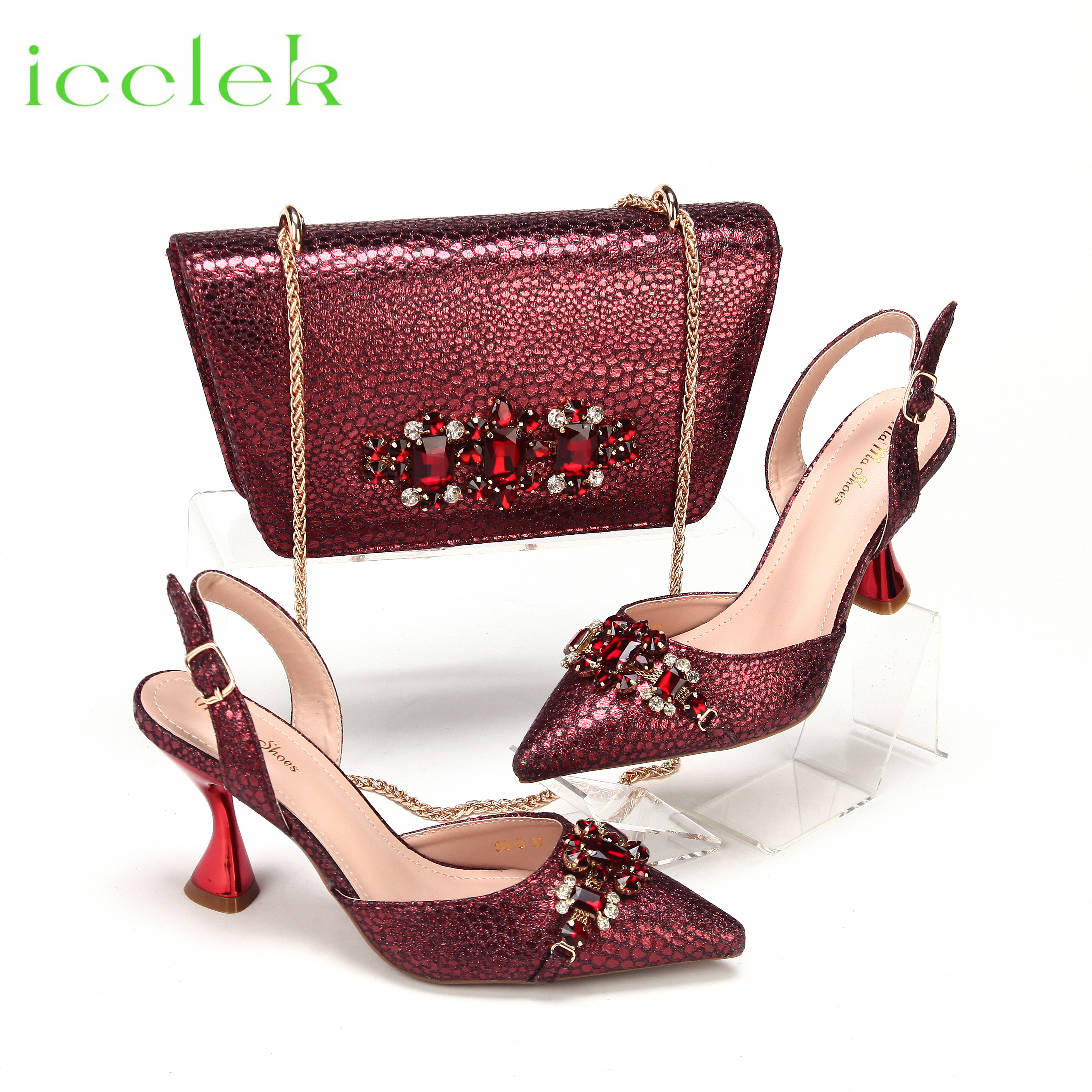 2025, neues elegantes nigerianisches Damen-Set aus weinfarbenen Schuhen mit Absatz und Handtaschen mit Strasssteinen, italienisches Design für Partys und Hochzeiten
