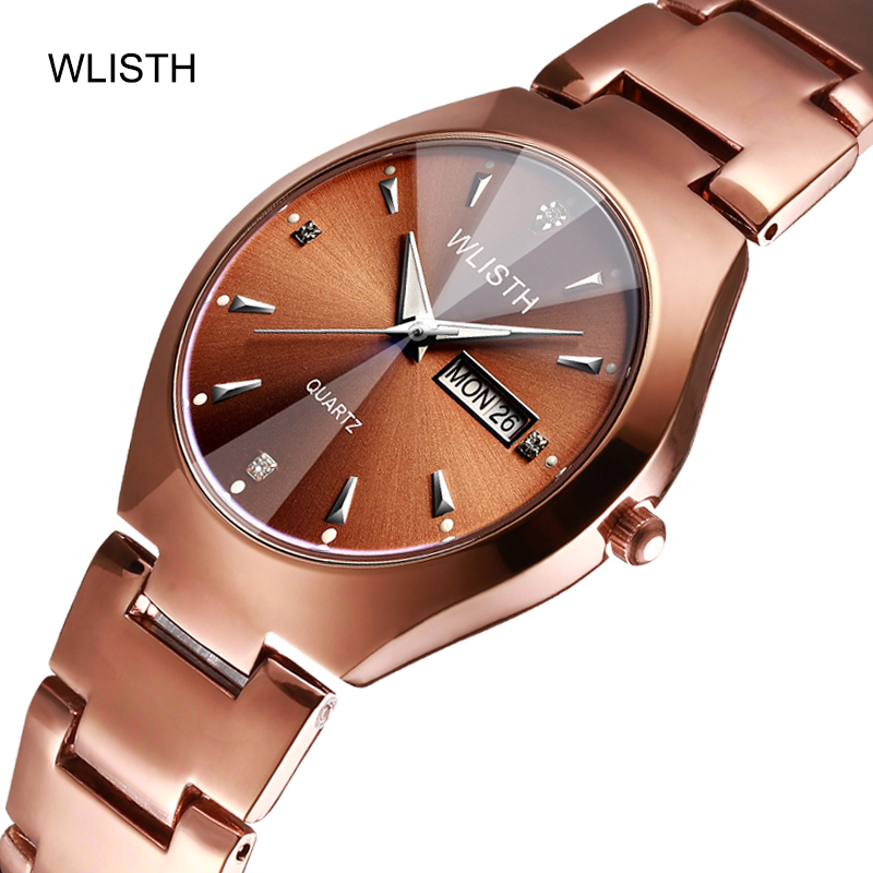 Wlisth-Relógio de aço de tungstênio para homens e mulheres, relógio de quartzo rosa, relógios impermeáveis, calendário chinês-inglês, Top Brand, amantes, casal, 2023
