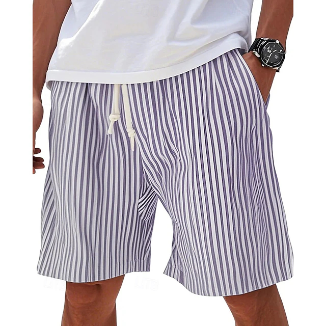 Minimalist men's blue and white striped beach shorts/swim trunks, summer everyday wear, vacation loose shorts