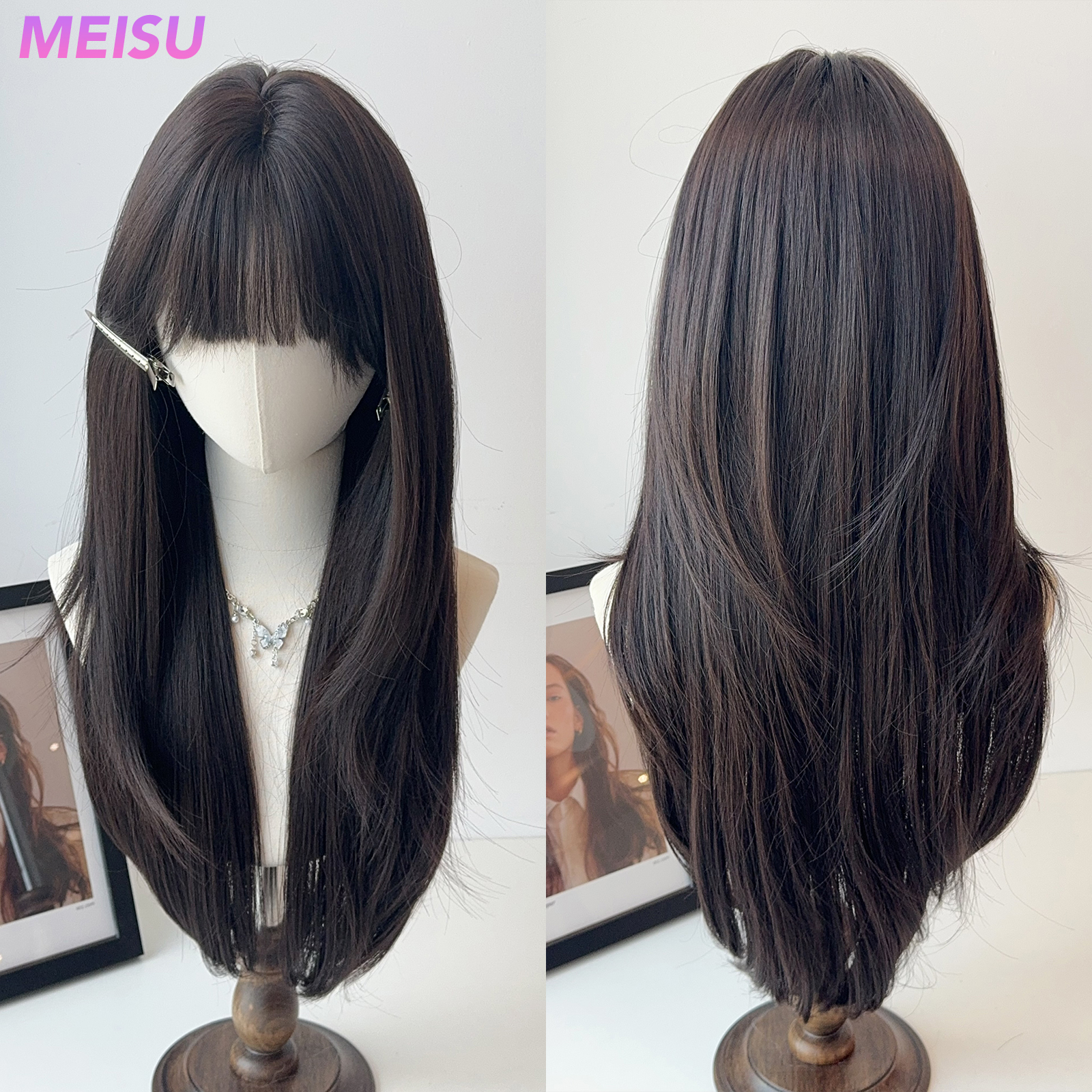 MEISU 26 Inch Synthetic Air Bangs Wig Straight Layered Straight Wigs Fiber Heat-resistant Party or Selfie For Women Daily Use