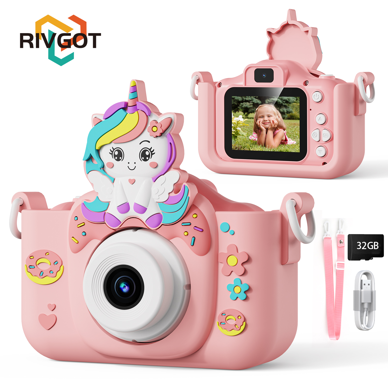 Kinder Kamera Spielzeug 2-Zoll IPS Bildschirm Digitalkameras Fotografie Selfie mit 32GB Karte Lernspiel für Mädchen Jungen Geburtstagsgeschenk