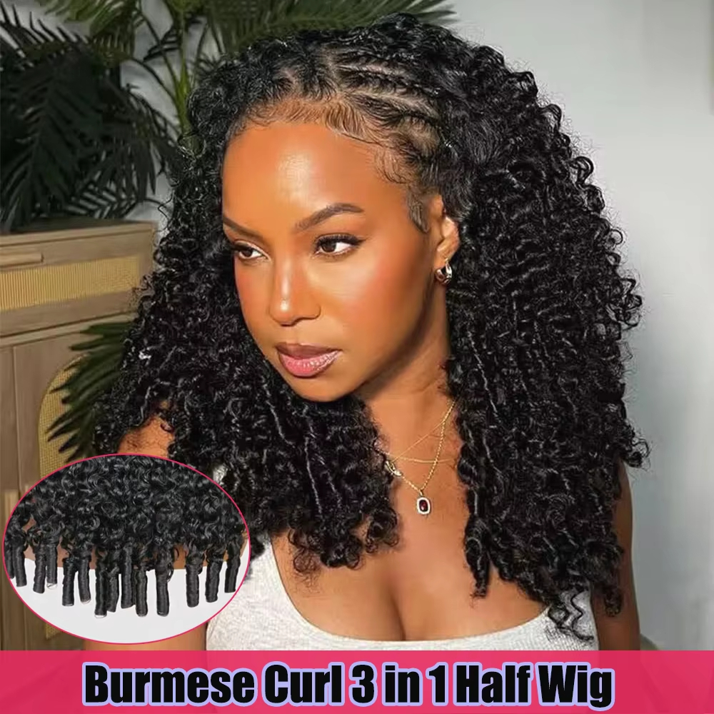 Perruque mi-tête 3-en-1 en cheveux humains bouclés birmans, sans colle, avec cordon de serrage, densité 260, en promotion