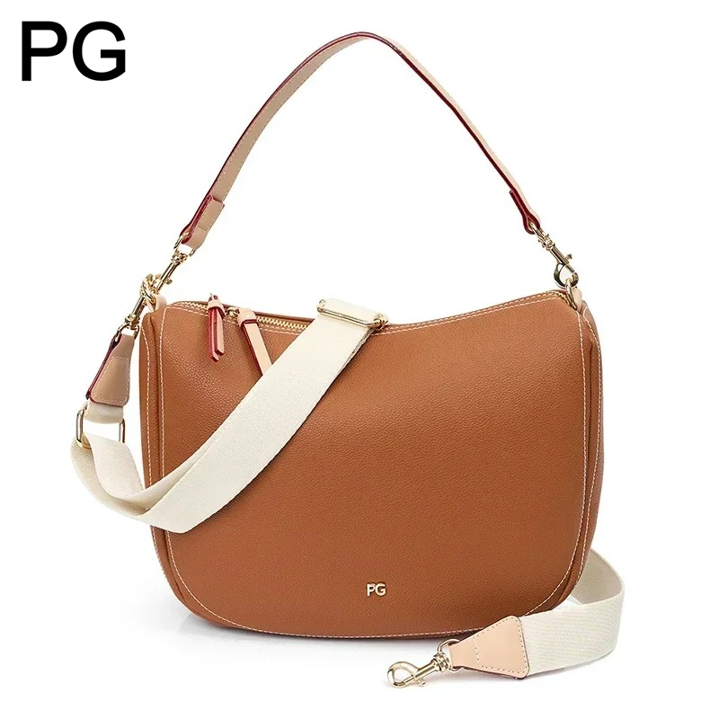 Sac Hobo à double fermeture éclair PG pour femme, avec double bandoulière détachable, logo métallique, mode décontractée, pour le travail et le quotidien