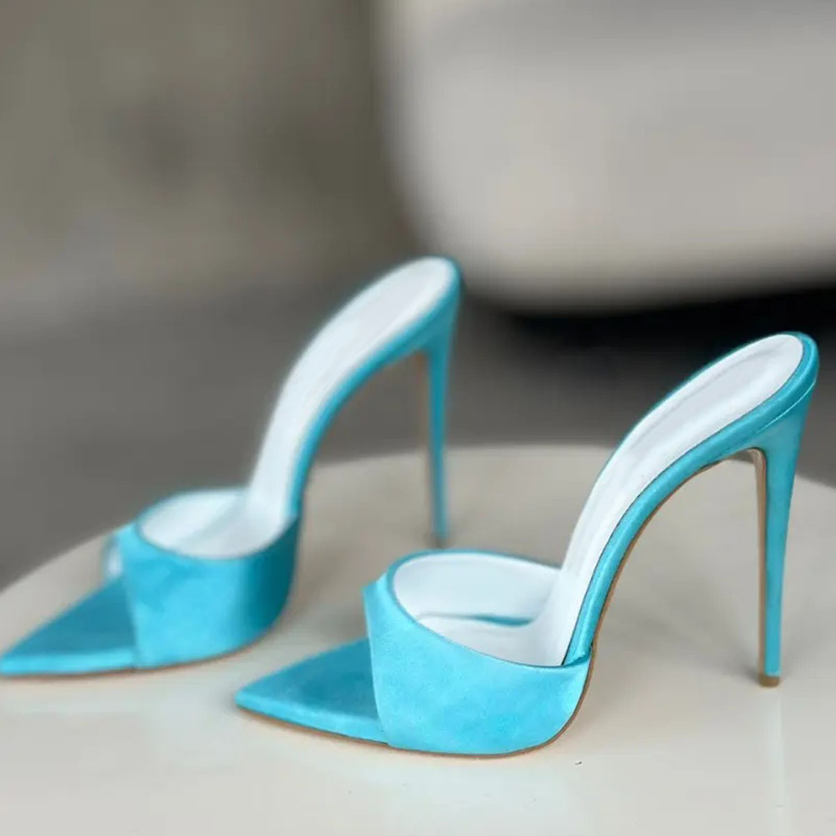 Teal Satin Open Toe Stiletto Heel Mules Women Pointed Toe High Heel Fashion Elegant Slip On Dress Shoes Party Evening Footwear