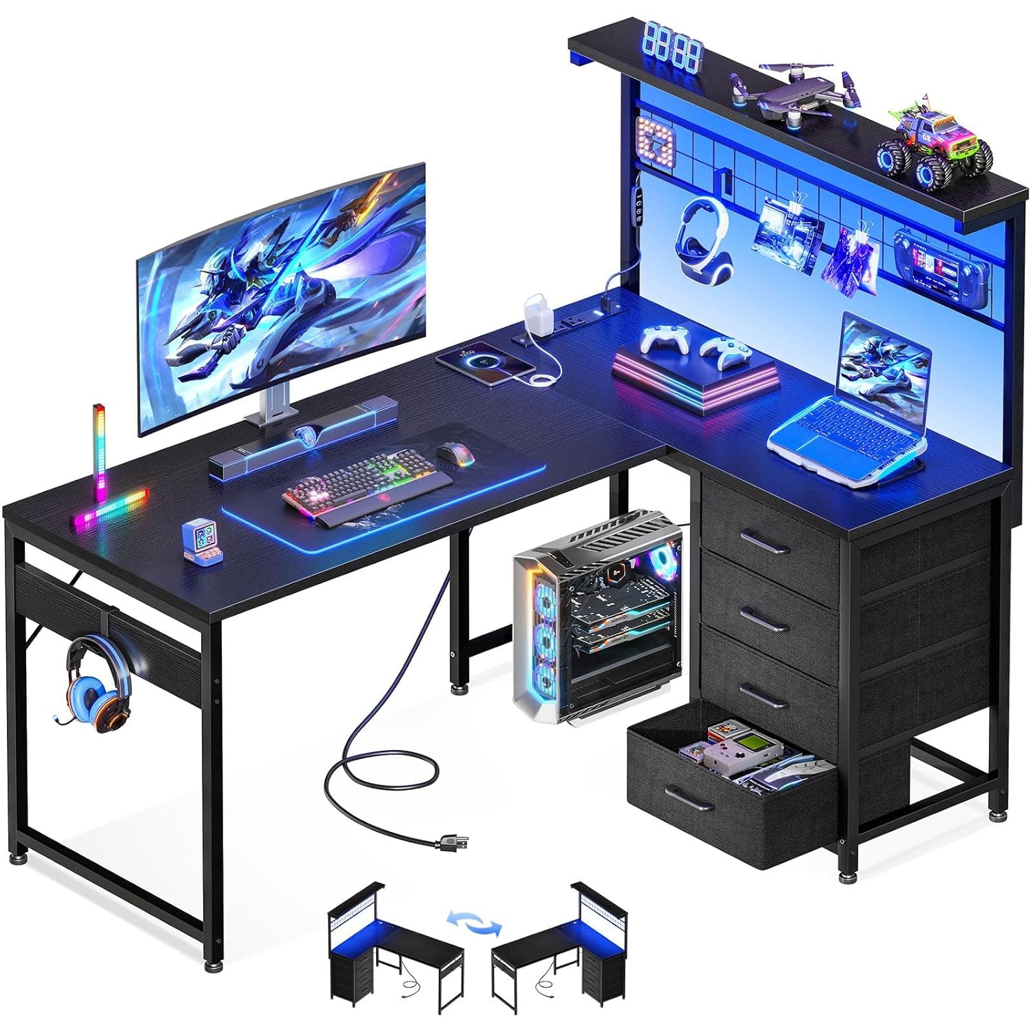 43-Zoll L-förmiger Gaming-Schreibtisch für kleine Räume, kompakter Eck-Computertisch mit Regal und Aufbewahrungsfach, 4 Schubladen, umkehrbar, individuell anpassbar