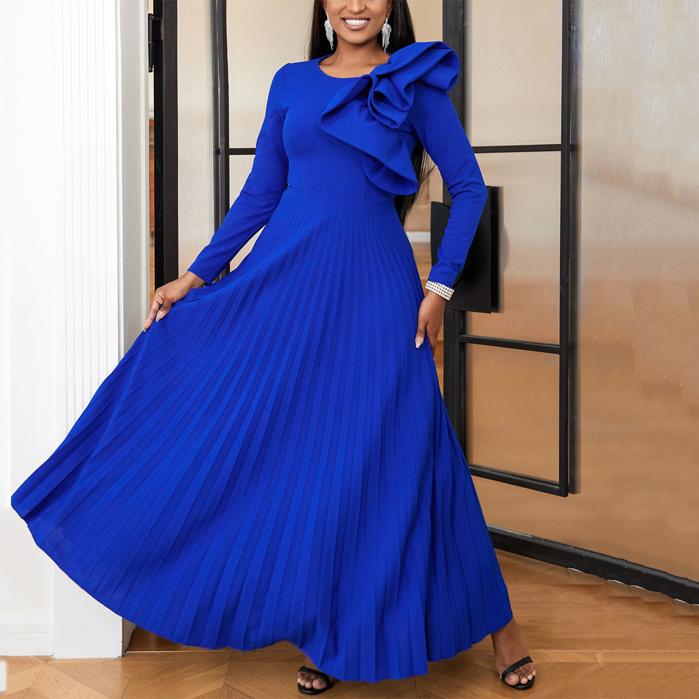 Elegante lange Kleider für Frau 2024 Herbst Winter neue o Hals Rüschen voller Ärmel plissiert knöchel lang Luxus Party Dinner Kleid