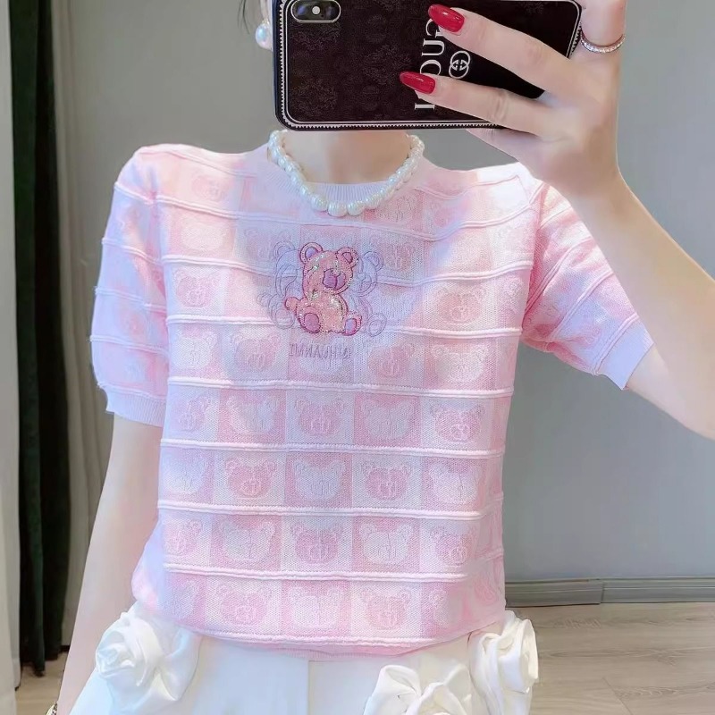 Pull en tricot à paillettes d'ours pour femmes, pull à manches courtes, t-shirts pour dames de bureau, rose, blanc, doux, été, nouveau
