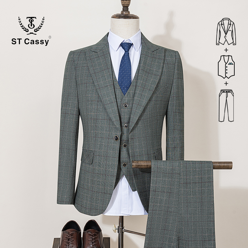 Terno Masculino ST Cassy de Alta Qualidade em Xadrez Caqui para Escritório e Negócios, Elegante e Casual para Noite