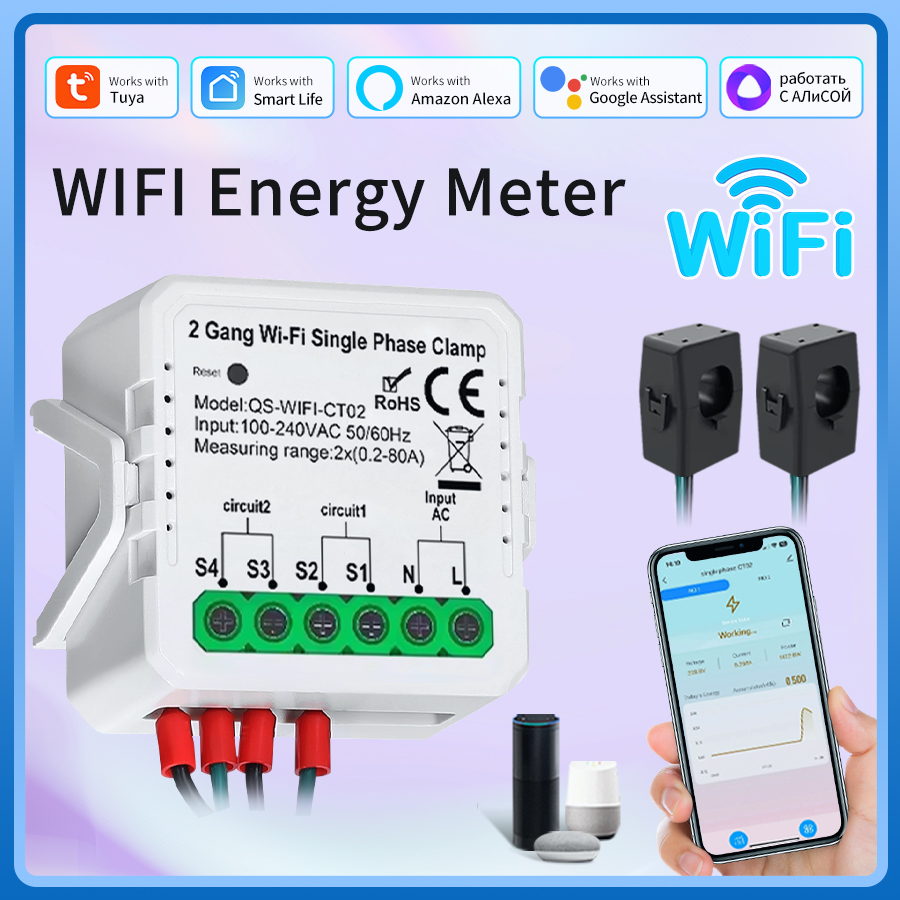 Inteligentny miernik energii Tuya Smart WiFi 1CH 2CH z cewką transformatorową 80A do monitorowania produkcji i zużycia energii w systemach solarnych PV 100-240V