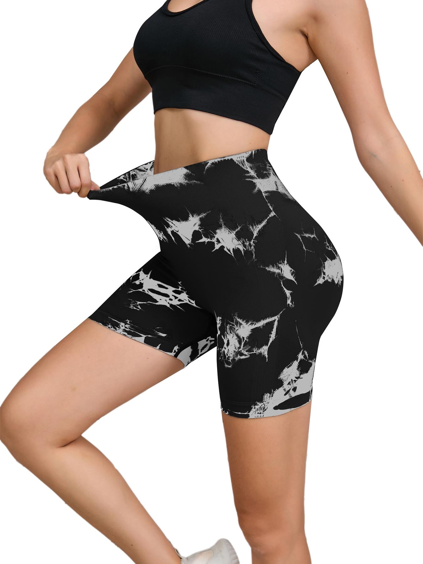 Pantaloni fitness senza cuciture tinti in cravatta Pantaloncini attillati sportivi a vita alta e sollevamento dell'anca da donna Pantaloncini yoga fitness sexy color pesca