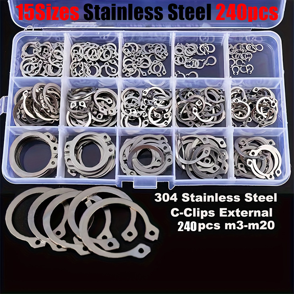 240-piece set of 15 sizes of C-clamp external retaining ring kit, 304 stainless steel coil shaft sorting kit, M3-M20 set.