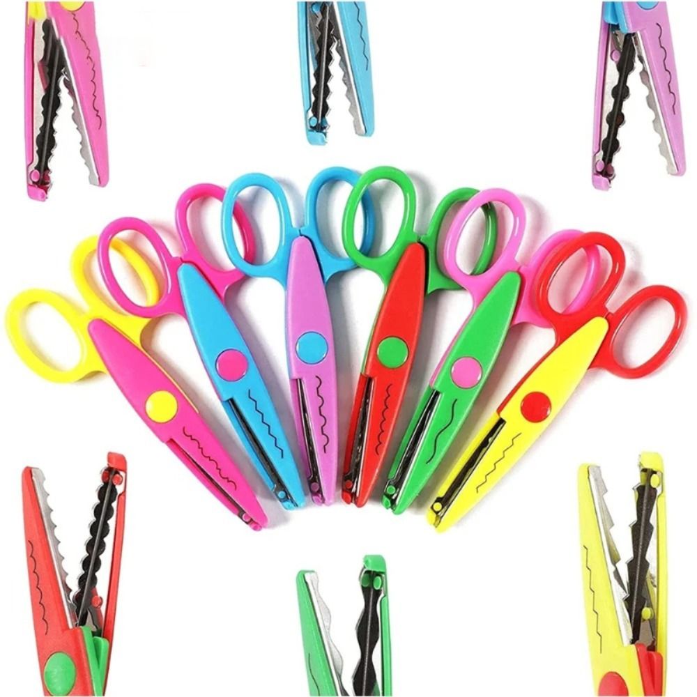 Tijeras de seguridad con diseño ondulado creativo para estudiantes, cortador de papel en Zig Zag de encaje de plástico para estudiantes, tijeras para niños de cabeza redonda hechas a mano, 1/6 unidades