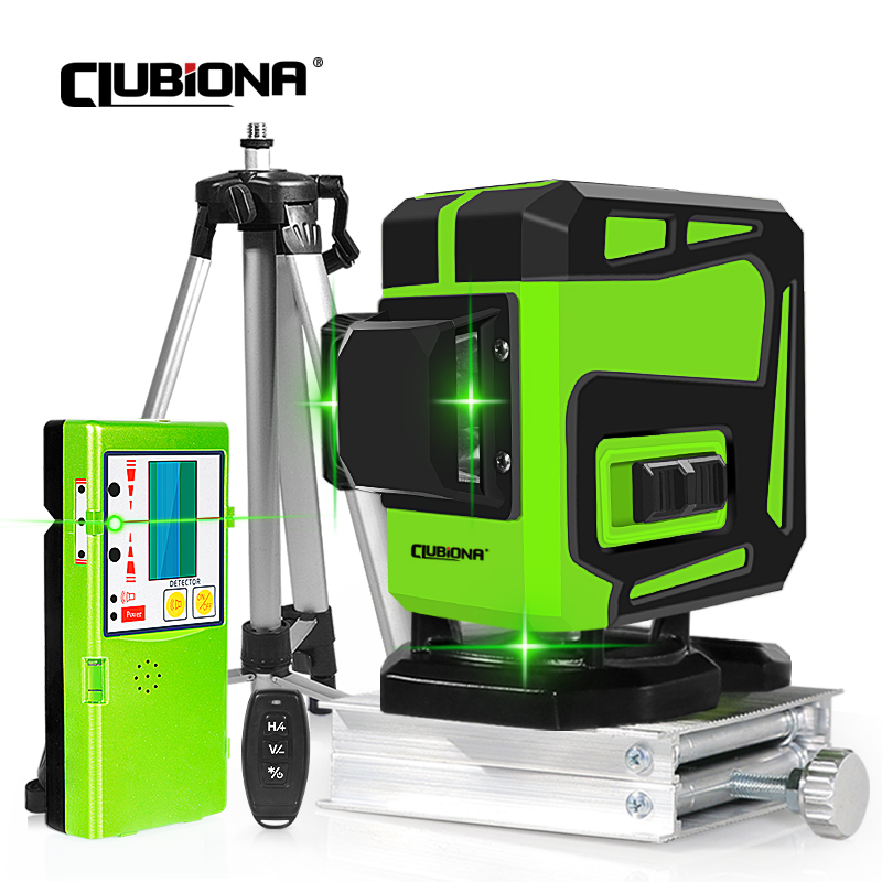 Clubiona เครื่องวัดระดับเลเซอร์กากบาทเลเซอร์สีเขียวเส้น12/16หมุนปรับระดับได้เอง360ตกแต่งด้วยรีโมทคอนโทรล