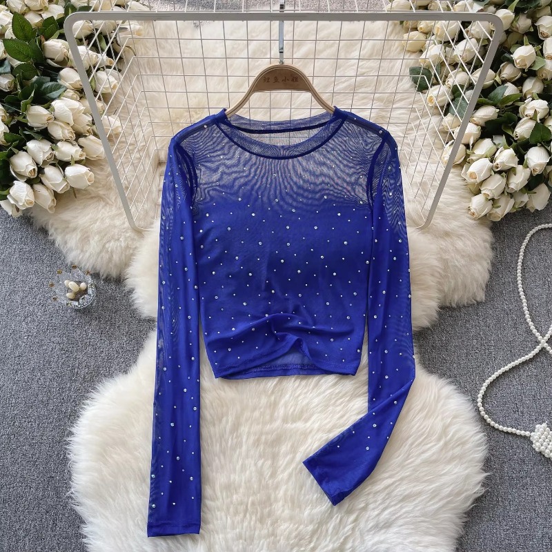 ผู้หญิง Hotsweet Chic Rhinestone ตาข่าย Sheer แขนยาวเซ็กซี่ Crop Top Slim เซ็กซี่เกาหลีเสื้อยืดแฟชั่นฤดูใบไม้ร่วงผู้หญิงเสื้อ