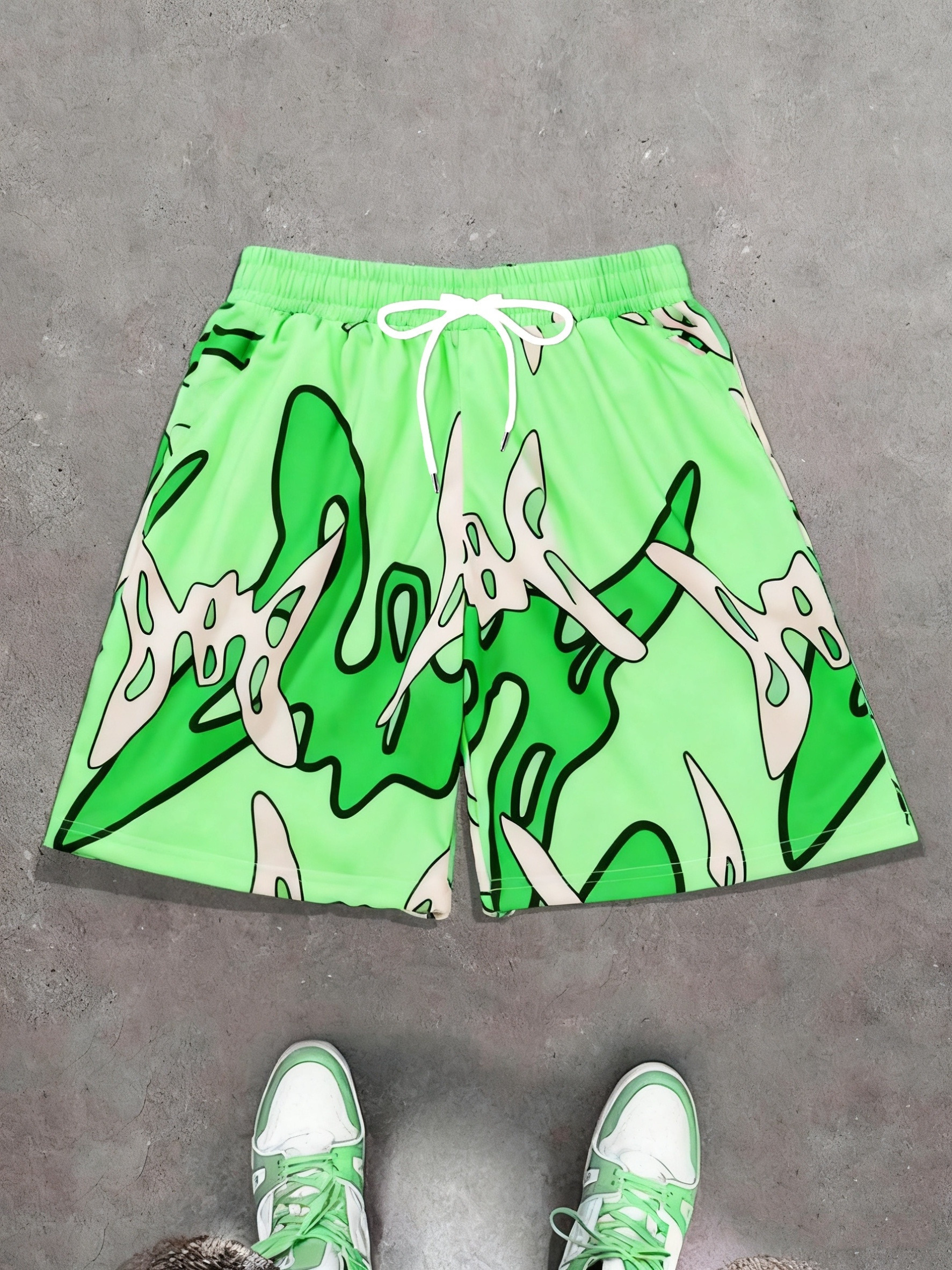 Men's Summer Quick Dry Beach Shorts, Lime Green Abstract Camouflage Graphic Print Drawstring Casual Board Shorts with Pockets