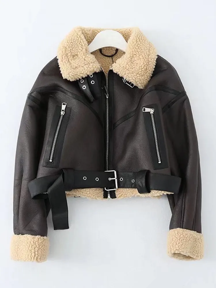 Ailegogo hiver femmes Streetwear fausse fourrure d'agneau veste courte avec ceinture Moto Biker épais chaud manteau en peau de mouton vêtements d'extérieur