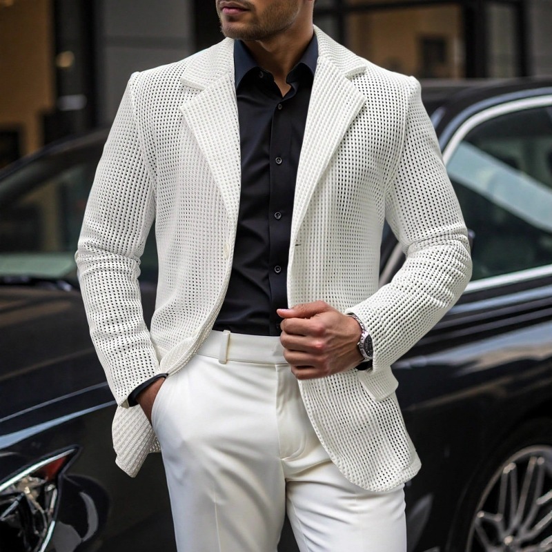 KIDWHXR Traje de verano para hombre, abrigo de malla fina, holgado, transpirable, de punto, blazer masculino de un solo pecho, ligero, informal, ropa exterior para hombre