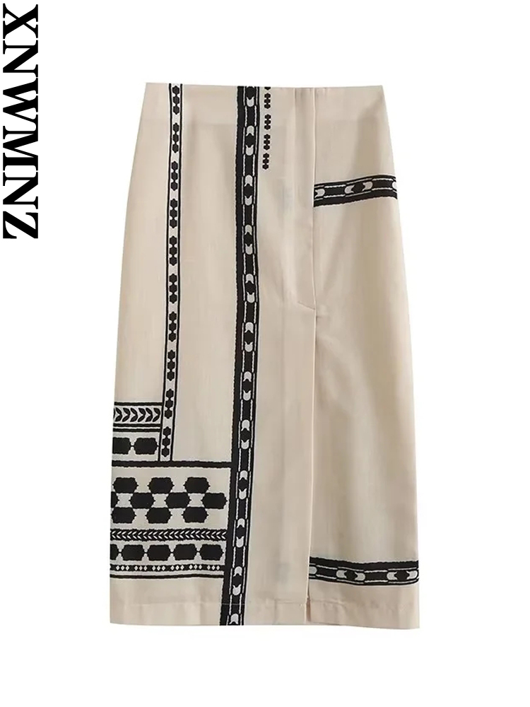 XNWMNZ Wysokiej Jakości Damska Modna Spódnica w Stylu Bohemy z Rozcięciem na Boku i Siateczkowym Wzorem, Damska Spódnica Midi w Stylu Vintage z Wysokim Stanem, Uniwersalna