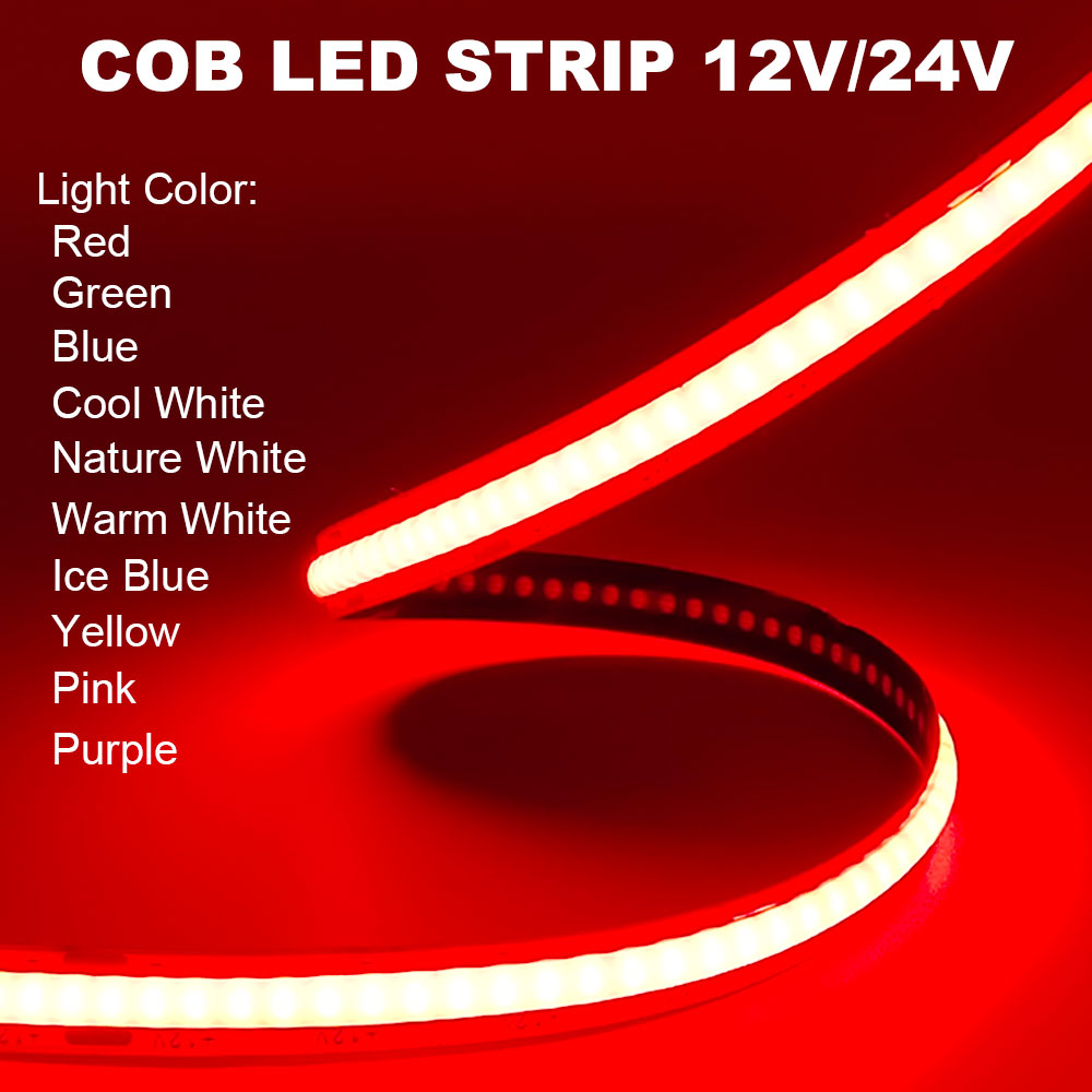 Tira de luces LED COB 12V 24V 320LEDs/Chips/M lineal de alta densidad rojo verde azul naturaleza cálida iluminación blanca fría cinta LED Flexible