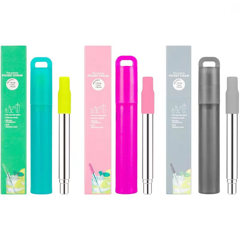 Pajitas telescópicas reutilizables para beber, pajitas de Metal de acero inoxidable, juego de pajitas plegables con estuche, cepillo de limpieza, pajita de viaje para acampar