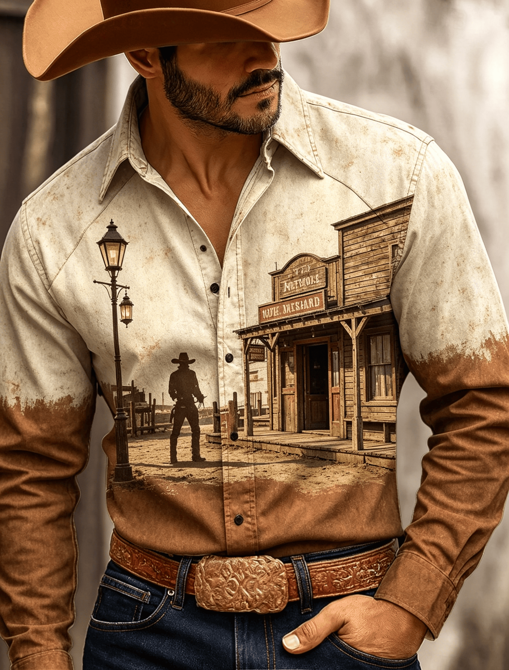 Męska koszula z długim rękawem w stylu vintage z kowbojskim nadrukiem, wzór z sylwetkami z Old Town Saloon, codzienna koszula zapinana na guziki na wiosnę i lato.