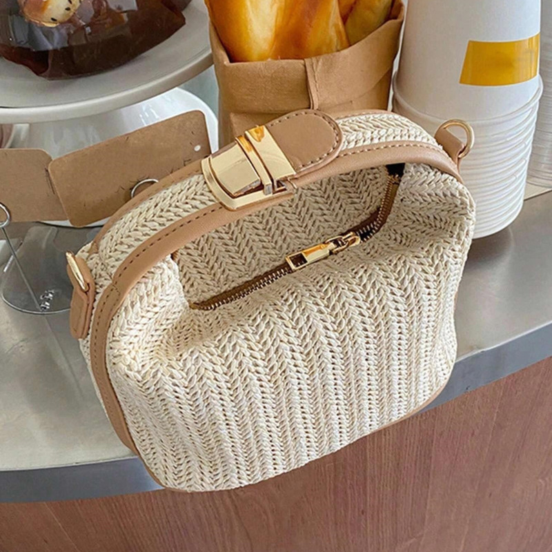 Yogodlns Sommer Kleine Stroh Handtasche Trendy Schulter Tasche Gewebte Eimer Umhängetasche Casual Meer Strand Tasche Gilrs Griff Tote