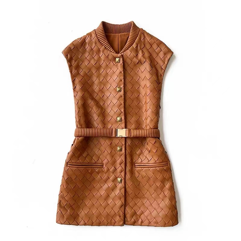 Jaket Kulit Rajut Tangan Mewah Untuk Wanita 2025 BARU Rompi Panjang Kerah O Kancing Kotak Retro Wanita dengan Ikat Pinggang Elastis