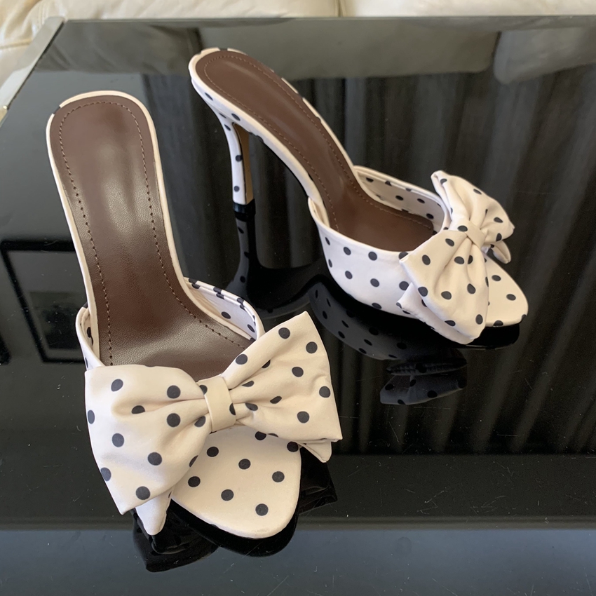 Satin Polka Dot Butterfly Knot Decorative Heeled Sandals Women Open Toe Slide Sandals Summer Elegant Stiletto High Heel Slippers