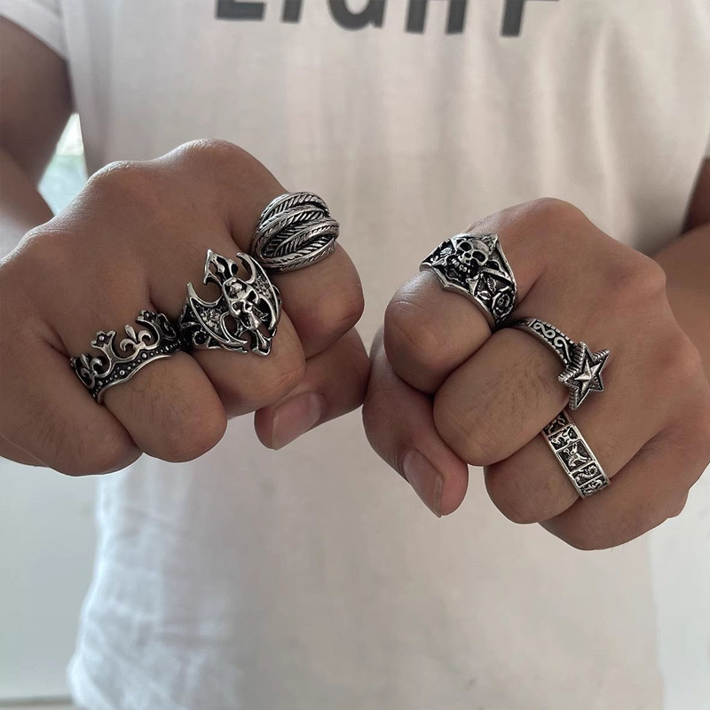 6pcs/set Halloween Jewelry Gothic Metal Skull Head Five Point Star Adjustable Ring for Men Punk Silver Color Rings Party Gift