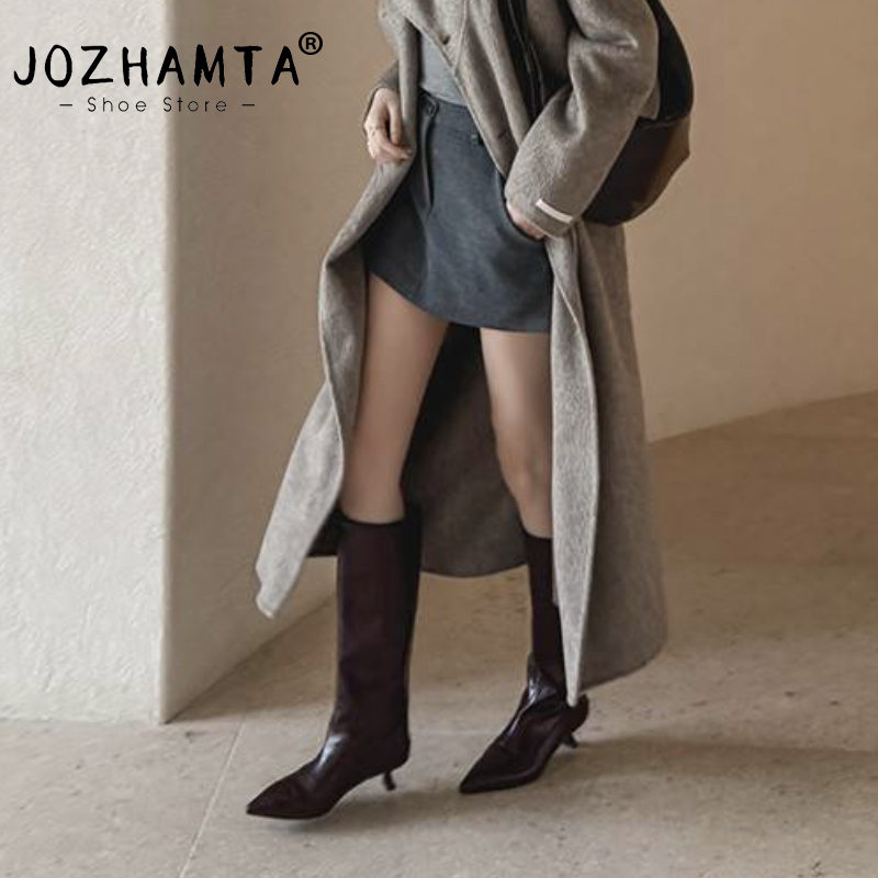 JOZHAMTA 2027 Botas Femininas de Couro Legítimo Cano Alto Estilo Western Outono Inverno Qualidade Premium para Escritório e Casual Novas Botas Femininas