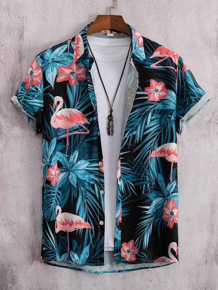 2023 Hawaiian Shirt Men Fashion Flower Geometric Printed Blouse Beach Single-breasted Short SleeveTops Holiday Men's Clothing
