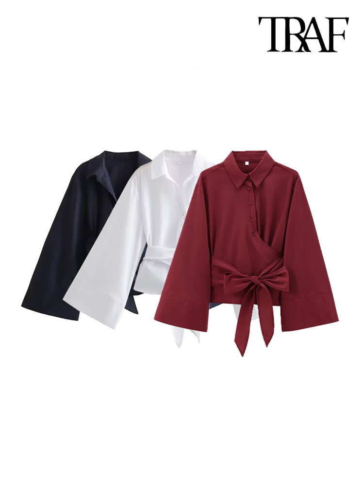 TRAF – Blusas quimono femininas de manga comprida com gravata borboleta, botão frontal, camisas femininas, tops chiques, moda