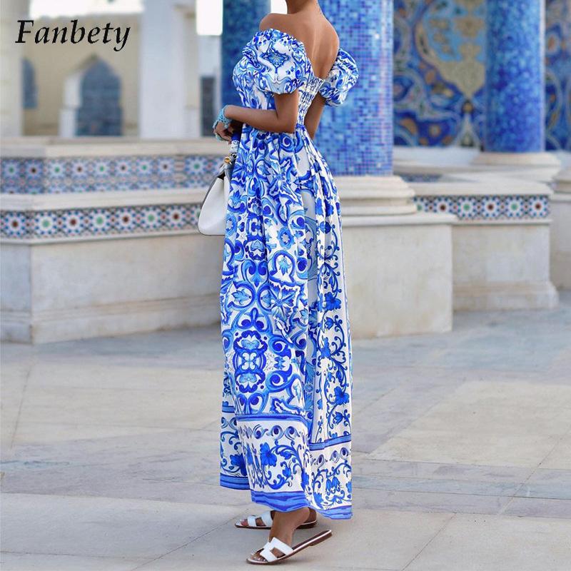 Vrouwen Elegant Patroon Feestjurk Zomer Sexy Off Schouder Hoge Taille Lange Jurk Lady Casual Korte Mouw Backless Jurken