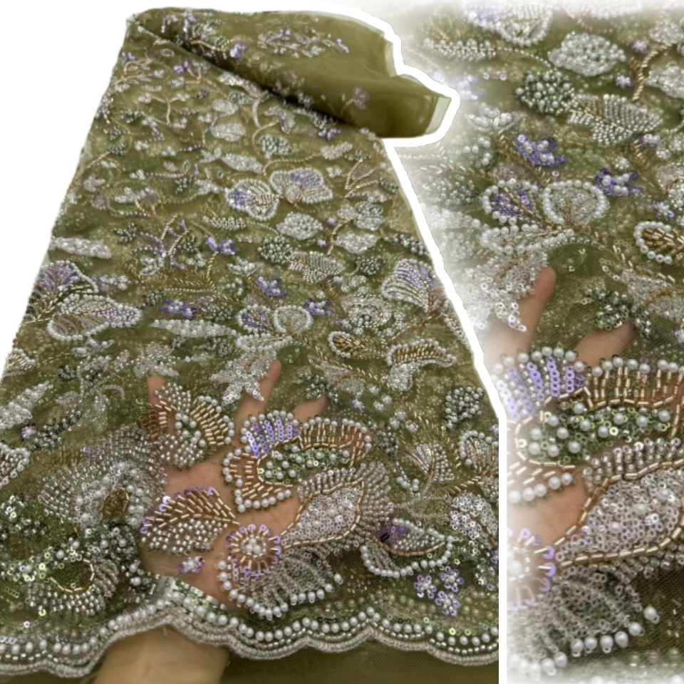Tela de Encaje Africana de Lujo con Lentejuelas, Alta Calidad, Estilo Nigeriano y Francés, con Cuentas Pesadas, para Confección de Vestidos de Novia y Fiesta, 5 Yardas, 2516