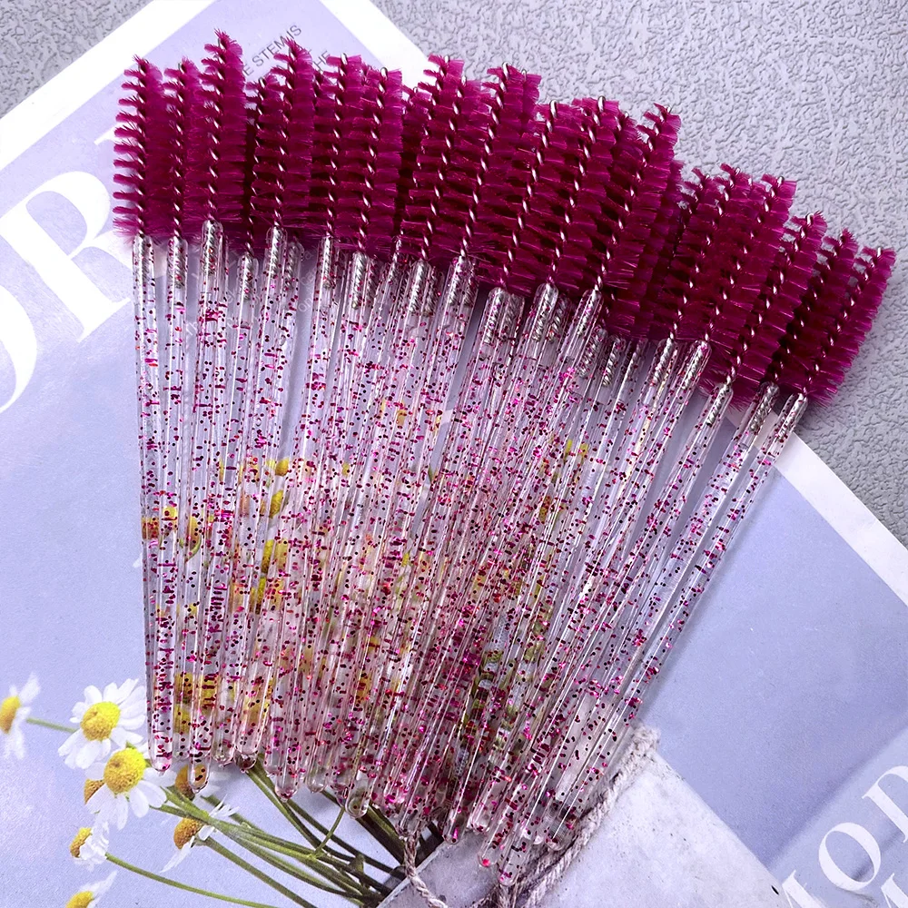 50 Uds. Brochas de maquillaje, cepillo desechable de cristal para cejas, mango de diamante, aplicador de varita para rímel, herramientas de extensión de pestañas