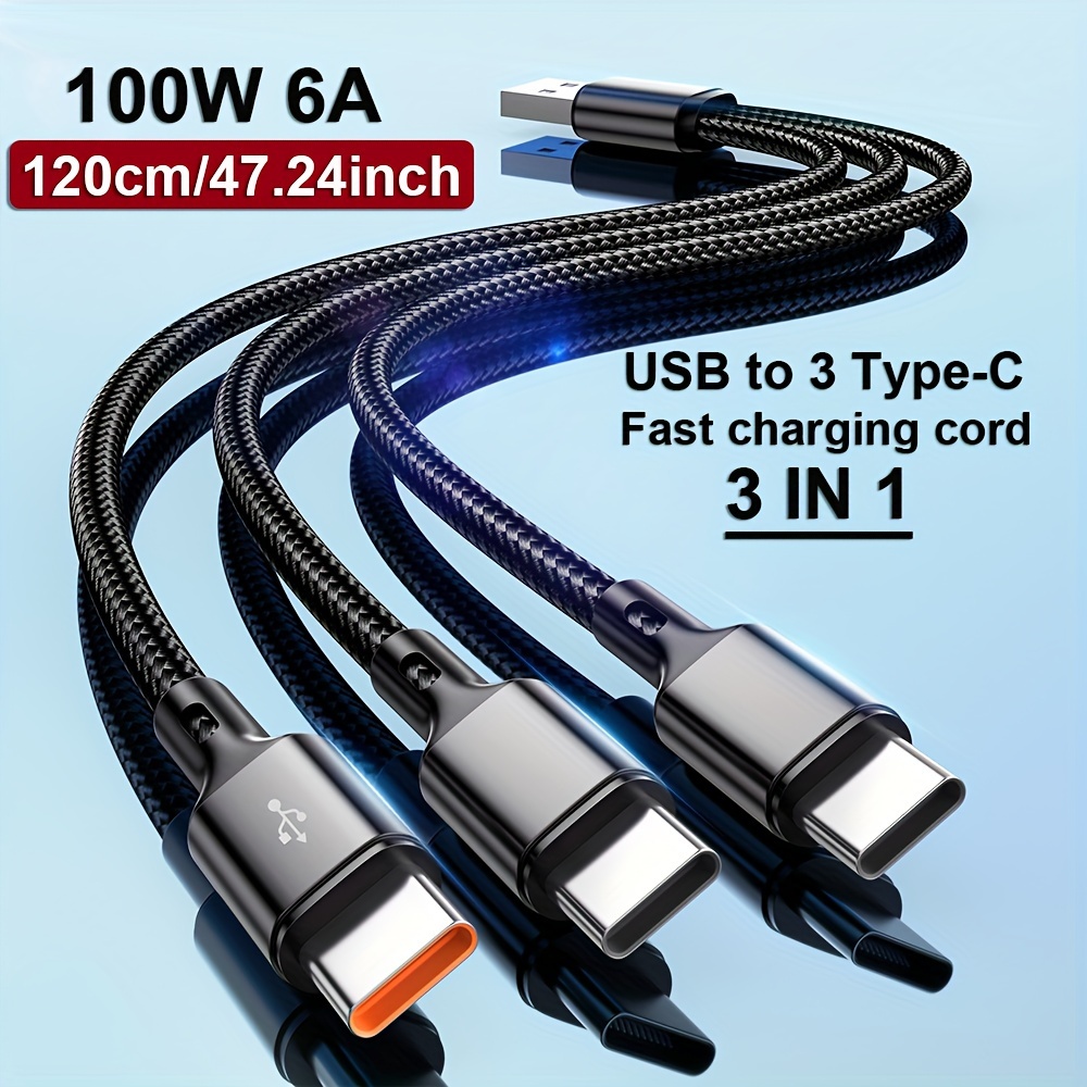 3in1 USB Type-C 100W急速充電 USB A-3Type-Cデータケーブル Samsung S24 Xiaomi Huawei Android USB Cデータ転送コード対応