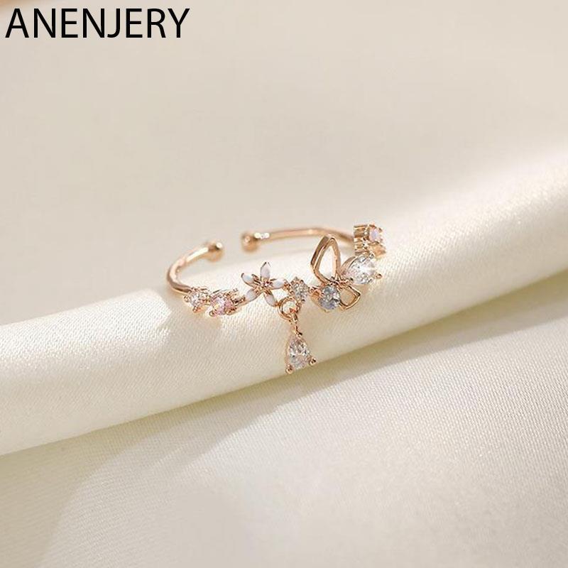 ANENJERY Zirkon Blumen Bowkont Verstellbarer Ring für Frauen Einfache schöne Prinzessin Accessoires Geschenk