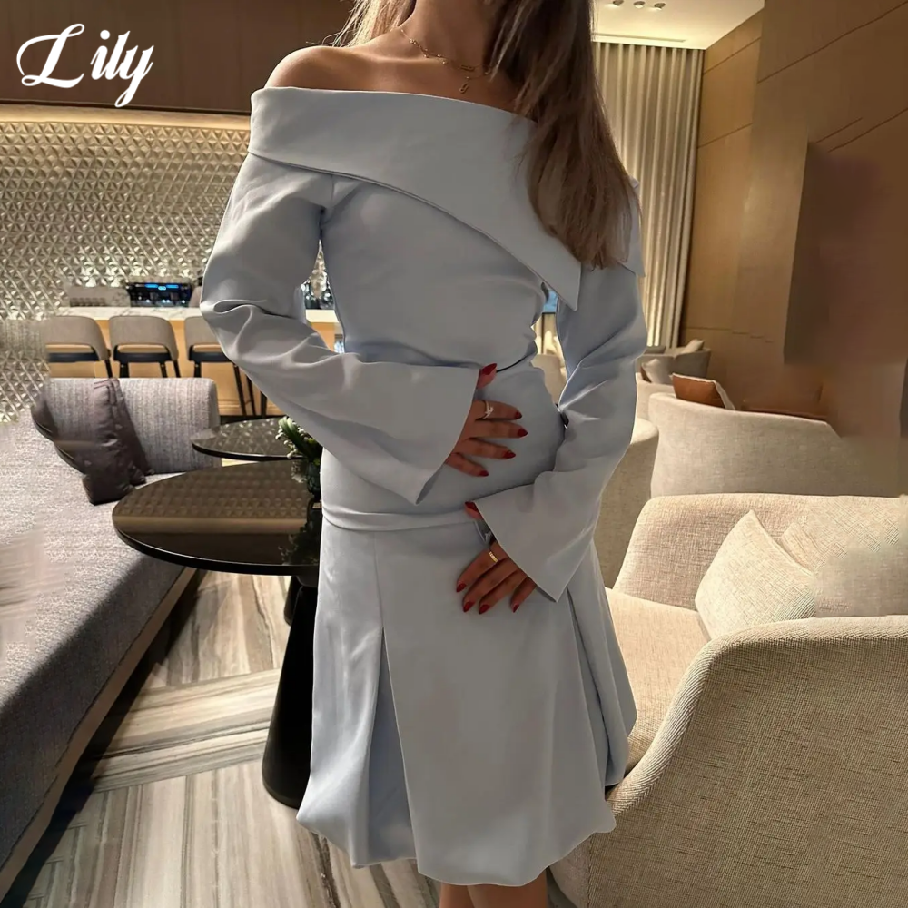 Элегантные платья для выпускного вечера Lily Sky Blue с открытыми плечами и рукавами три четверти Вечерние платья Плиссированное вечернее платье Аравия по индивидуальному заказу
